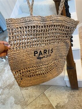 Aris Natural Woven Straw Tote with Black Embroidery